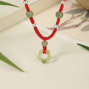 Buddha Stones 925 Sterling Silver Natural Hetian Cyan Jade Flower Pentagram Luck Red Rope Necklace Pendant Bracelet Set