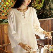 Buddha Stones Solid Color Cotton Frog-Button Top Tee T-shirt