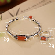 Buddha Stones 925 Sterling Silver Red Agate Bamboo Pattern Calm Bracelet Ring Jewelry Set