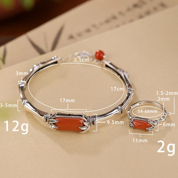 Buddha Stones 925 Sterling Silver Red Agate Bamboo Pattern Calm Bracelet Ring Jewelry Set Bracelet Necklaces & Pendants BS 1