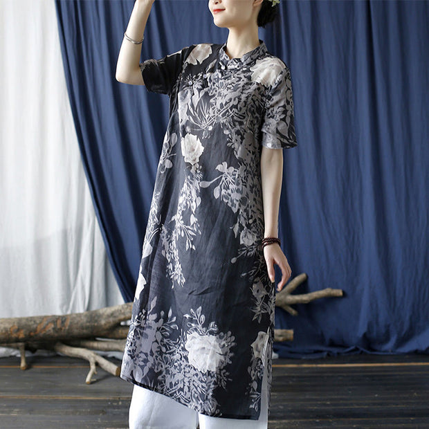 Buddha Stones Ramie Linen Blue Flowers Leaves Cheongsam Dresses Short Sleeve Dress