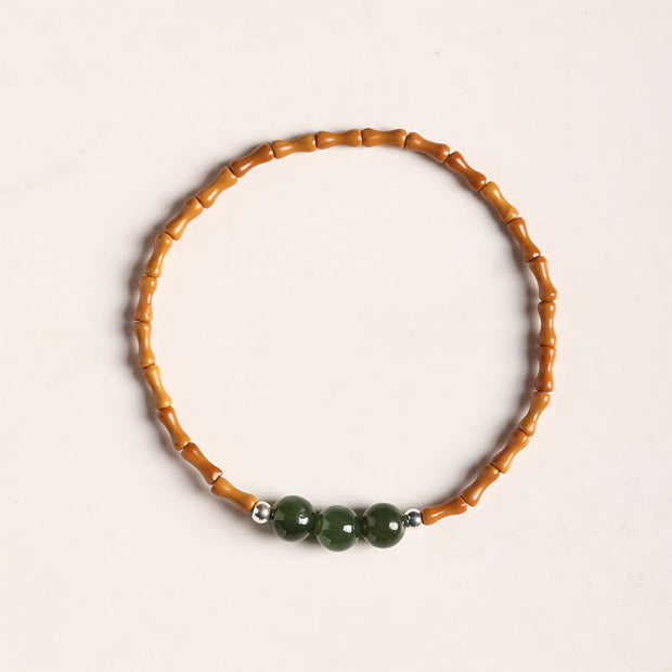 Buddha Stones Natural Olive Pit Bamboo Pattern Hetian Jade Beads Luck Bracelet