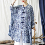 Buddha Stones Blue Flowers Butterfly Frog-Button Long Sleeve Ramie Linen Jacket Shirt With Pockets 9