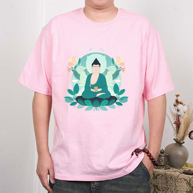 Buddha Stones Close Eyes Green Leaf Buddha Tee T-shirt T-Shirts BS 14