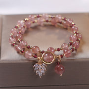 Buddha Stones Natural Strawberry Quartz Love Healing Maple Leaf Charm Double Wrap Bracelet