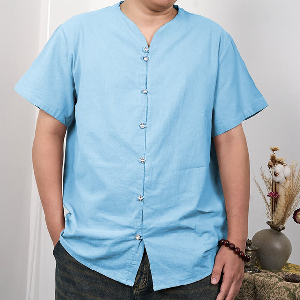 Buddha Stones Men's Short Sleeve Button Down Cotton Linen Shirt Men's Shirts BS LightSkyBlue 3XL(Fit for US/UK/AU44; EU54)