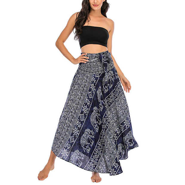 Buddha Stones Two Style Wear Boho Elephant Geometry Lace-up Skirt Dress
