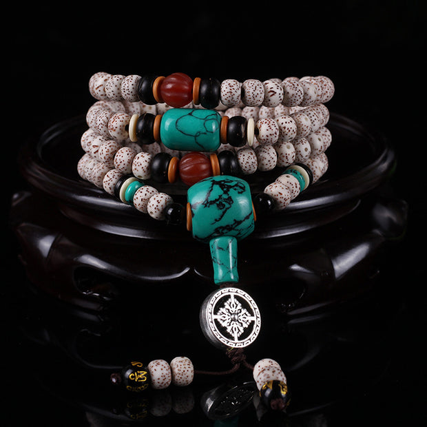 Buddha Stones Tibetan Turquoise Mala Bodhi Seed Purification Bracelet Mala Bracelet BS 8*10mm