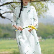 Buddha Stones Bamboo Leaf Half Sleeve Ramie Linen Chinese Cheongsam Midi Dress