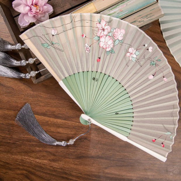 Buddha Stones Jasmine Lotus Begonia Flowers Handheld Bamboo Folding Fan (Extra 30% Off | USE CODE: FS30) - Green Begonia Flowers - image 7
