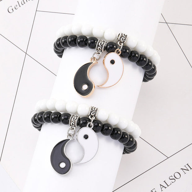Buddha Stones 2Pcs Black Onyx White Turquoise Bead Yin Yang Protection Couple Bracelet Bracelet BS 10