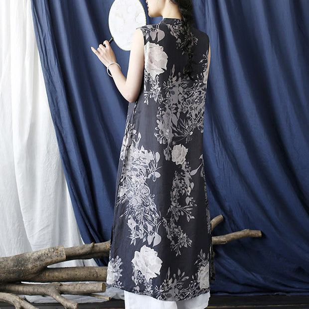 Buddha Stones Ancient Ramie Linen Flowers Printing Cheongsam Dresses Sleeveless Dress 10