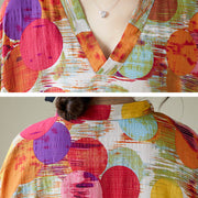 Buddha Stones Orange Blue Colorful Polka Dots Midi Dress Cotton Half Sleeve Dress With Pockets