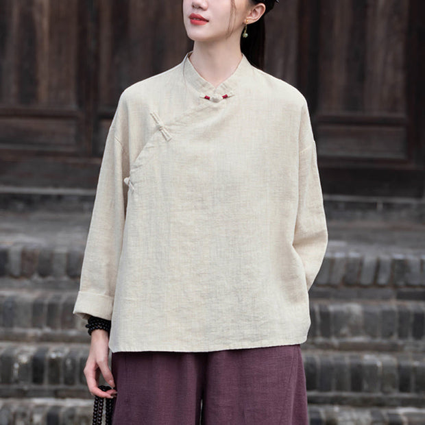 Buddha Stones Chinese Hanfu Frog-Button Blouse Women Long Sleeve Shirt Top