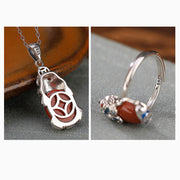 Buddha Stones 925 Sterling Silver Red Agate Copper Coins PiXiu Protection Ring Necklace Pendant Set