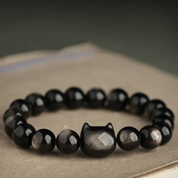 Buddha Stones Gold Sheen Obsidian Silver Sheen Obsidian Lovely Paw Lucky Cat Protection Bracelet