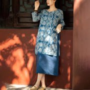 Buddha Stones Blue White Flower Pattern Midi Dress Linen Three Quarter Sleeve Dress With Pockets 9