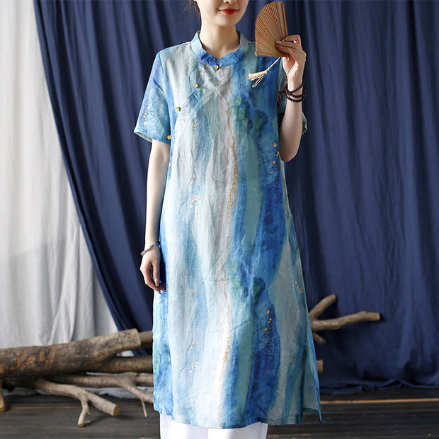 Buddha Stones Ramie Blue Digital Printing Cheongsam Dresses Short Sleeve Linen Dress