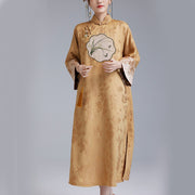 Buddha Stones Flower Embroidery Frog-Button Chinese Cheongsam Qipao Midi Dress With Pockets