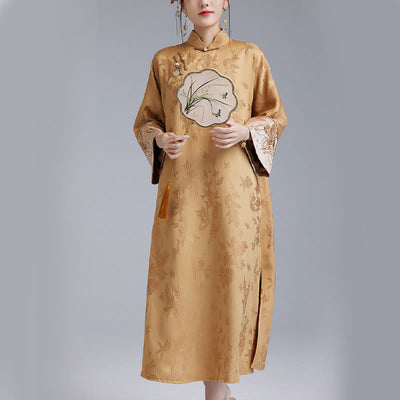 Buddha Stones Flower Embroidery Frog-Button Chinese Cheongsam Qipao Midi Dress With Pockets