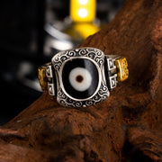 Buddha Stones 925 Sterling Silver Zakiram Goddess of Wealth Design Dzi Bead Protection Ring Ring BS 1