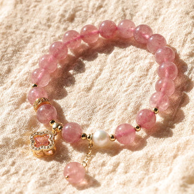 Buddha Stones Strawberry Quartz Pearl Four Leaf Clover Charm Healing Bracelet