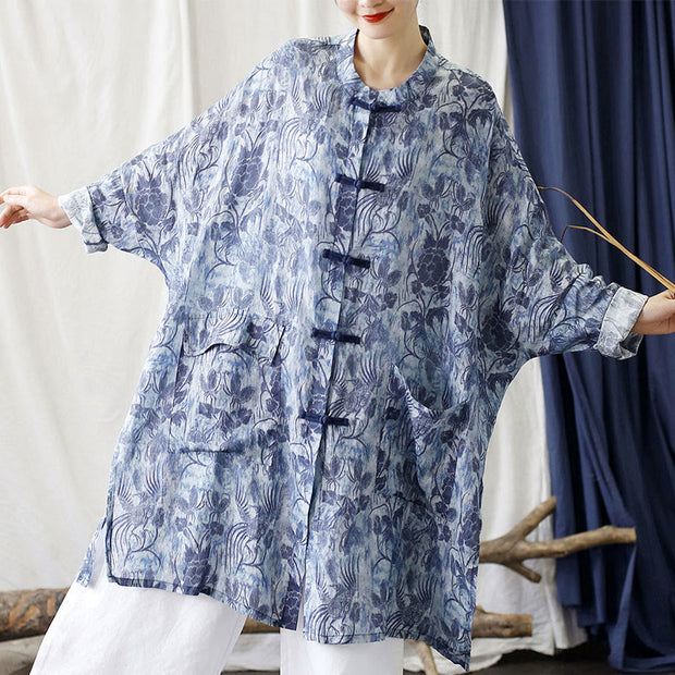 Buddha Stones Blue Flowers Butterfly Frog-Button Long Sleeve Ramie Linen Jacket Shirt With Pockets 10