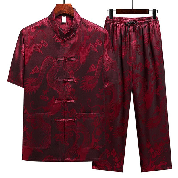 Buddha Stones Dragon Pattern Tang Suit Hanfu Traditional Uniform Short Sleeve Top Pants Clothing Men's Set Men's Meditation Cloth BS Red(Top&Pants) 4XL(Bust 128cm/Waist 73-115cm/Pants Length 104cm)