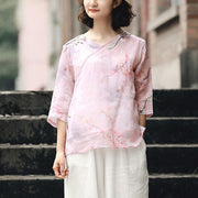 Buddha Stones V-Neck Pink Flower Pattern Ramie Linen Blouse Three Quarter Sleeve Shirt Top