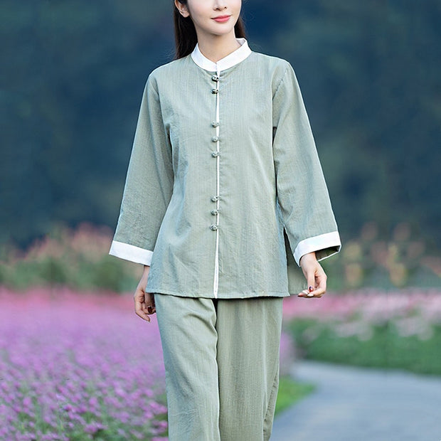 Buddha Stones 2Pcs Tang Suit Top Pants Meditation Yoga Zen Tai Chi Cotton Linen Clothing Women's Set Clothes BS 4