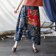 Buddha Stones Red Peony Blue Bamboo Chrysanthemum Patchwork Cotton Linen Harem Pants With Pockets 9
