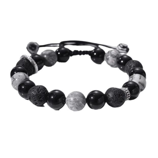 Buddha Stones Vintage Lava Rock Black Obsidian Picasso Jasper Beads Support Rope Bracelet Bracelet BS 14