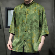Buddha Stones Bamboo Leaves Pattern Chinese Half Sleeve Shirt Men T-shirt