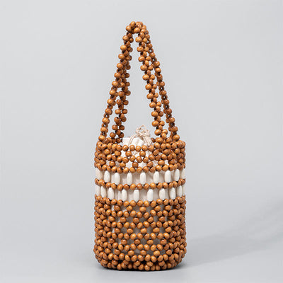 Buddha Stones Hand-woven Bucket Portable Wooden Beads Handbag Handbags BS Light brown 12*12*17cm