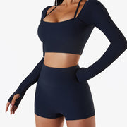 Buddha Stones Ribbed Long Sleeve Crop Top T-shirt Shorts Sports Fitness Gym Yoga Outfits 2-Piece Outfit BS 33