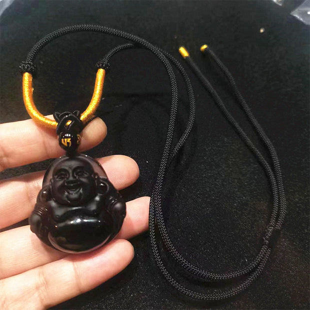 Buddha Stones Natural Black Obsidian Ice Obsidian Laughing Buddha Purification Necklace Pendant Necklaces & Pendants BS Ice Obsidian Black Rope