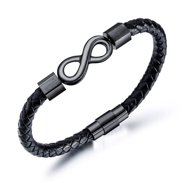 Buddha Stones Endless Knot Titanium Steel Infinity Leather Weave Balance Bracelet Bracelet BS Black Endless Knot 23cm(Weight Above 75kg)