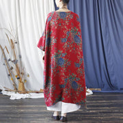 Buddha Stones Red Blue Flowers Print Cotton Three Quarter Sleeve Open Front Jacket Coat
