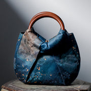 Buddha Stones Handmade Jacquard Flower Blue Wooden Handle Handbag 2
