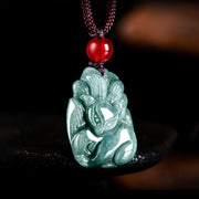 Buddha Stones Natural Green Jade Nine-Tailed Fox Engraved Prosperity Necklace Pendant