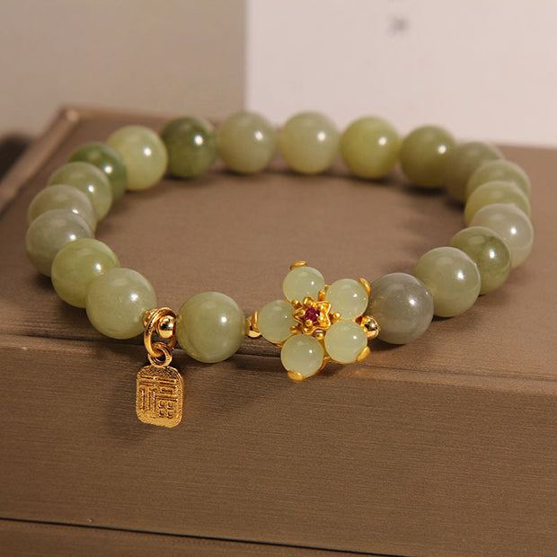 Buddha Stones Green Jade Flower Fu Character Charm Luck Bracelet Bracelet BS 7