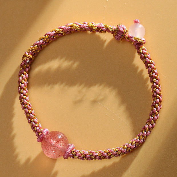 Buddha Stones Handmade Red Agate Amethyst Golden Rutilated Quartz Pink Crystal Bead Calm Braided Bracelet Bracelet BS Strawberry Quartz(Wrist Circumference 14-17cm)