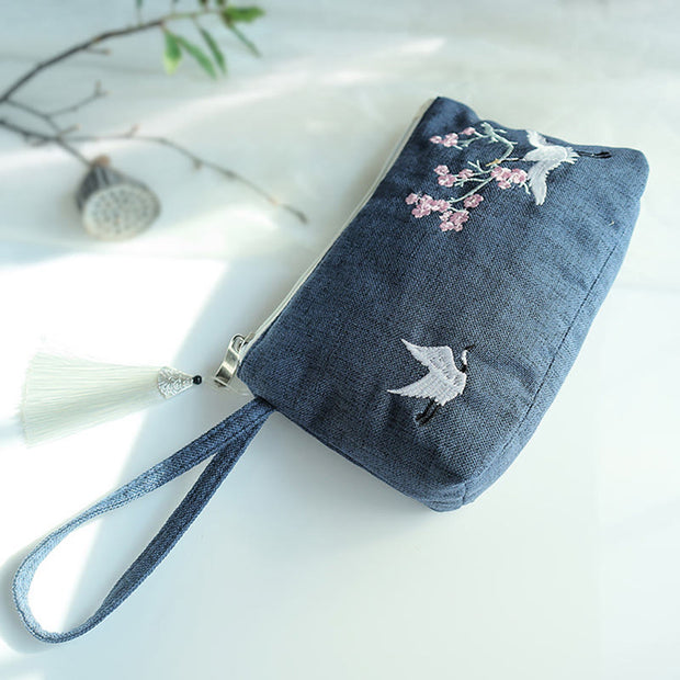 Buddha Stones Small Flower Plum Cherry Crane Peach Blossom Embroidery Canvas Wallet Shopping Purse
