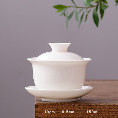 Buddha Stones White Porcelain Mountain Landscape Countryside Ceramic Gaiwan Teacup Kung Fu Tea Cup And Saucer With Lid Cup BS Round Cup-Pure White (8.5cm*10cm*150ml)