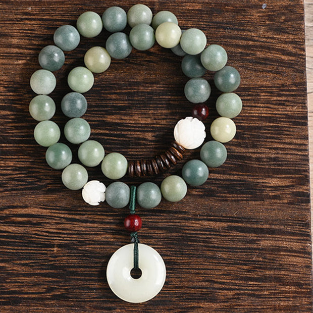 Buddha Stones Cyan Bodhi Seed Lotus Jade Peace Buckle Wisdom Double Wrap Bracelet