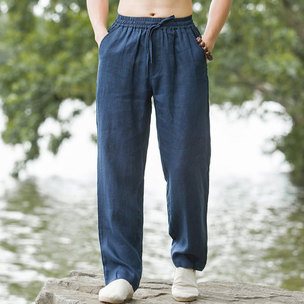 Buddha Stones Solid Color Linen Men's Wide Leg Pants With Pockets