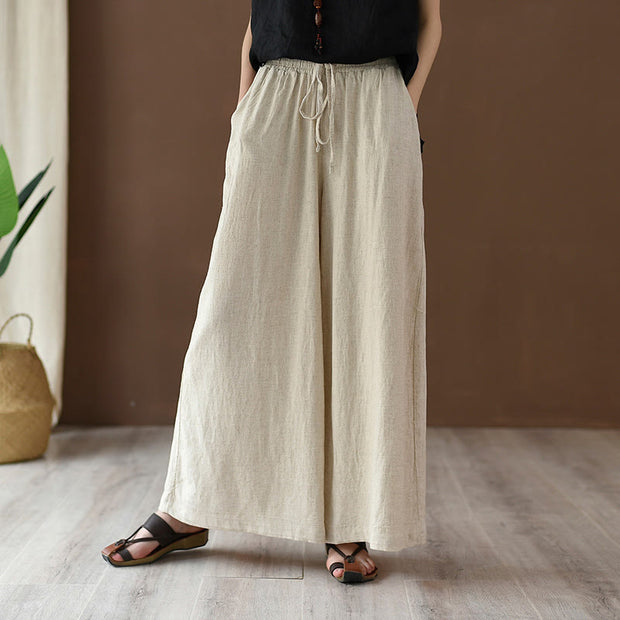 Buddha Stones Loose Cotton Linen Drawstring Wide Leg Pants With Pockets Wide Leg Pants BS 2