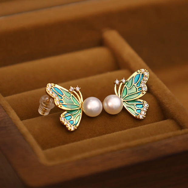 Buddha Stones 925 Sterling Silver Posts 18K Gold Plated Copper Natural Pearl Butterfly Healing Stud Earrings 5