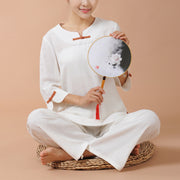 Buddha Stones 2Pcs Frog-Button Three Quarter Sleeve Shirt Top Pants Meditation Zen Tai Chi Linen Clothing Women's Set Women's Meditation Cloth BS White Orange Button 5XL(Bust 120cm/Waist 105.6cm/Hips 123.6cm)