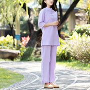 Buddha Stones 2Pcs Half Sleeve Shirt Top Pants Meditation Zen Tai Chi Cotton Linen Clothing Women's Set Women's Meditation Cloth BS Purple(Top&Pants) 2XL(Bust 108cm/Waist 72-108cm/Pants Length 102cm)